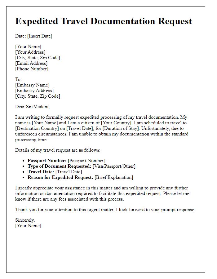 Letter template of expedited travel documentation request to the embassy