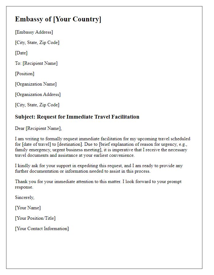 Letter template of immediate travel facilitation request from the embassy