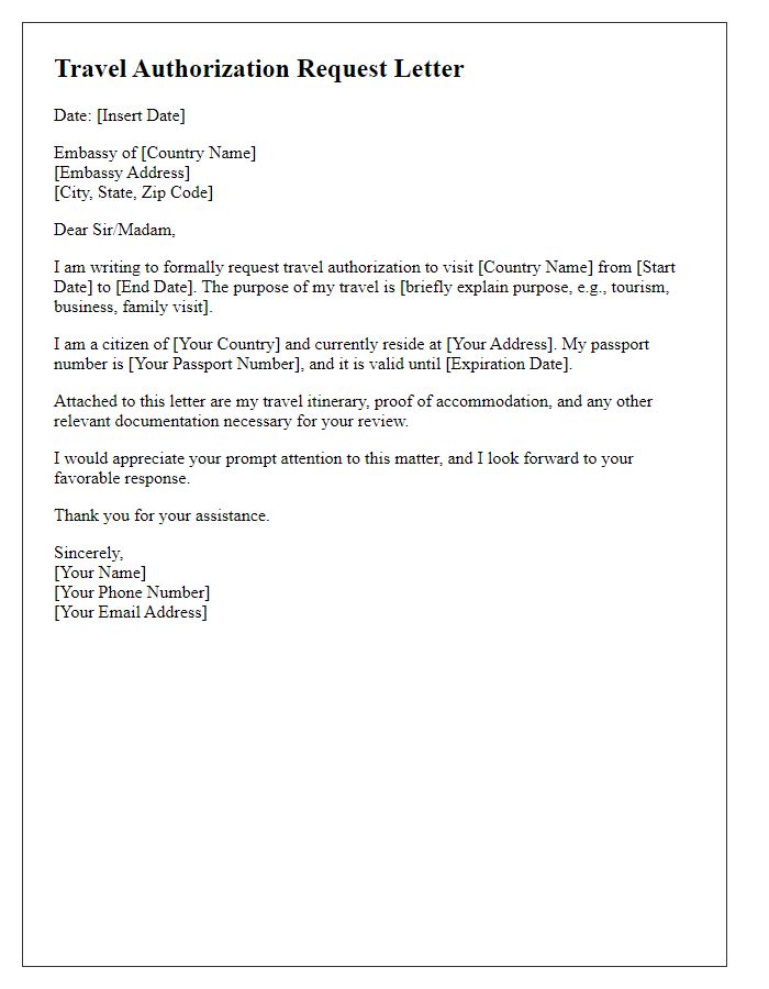 Letter template of travel authorization request to the embassy