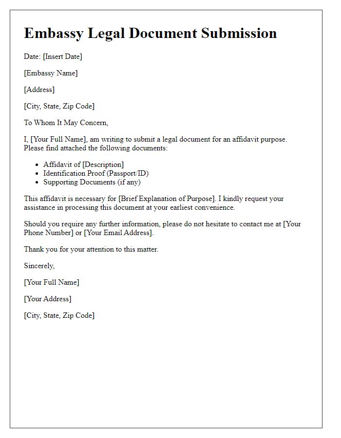 Letter template of embassy legal document submission for affidavit purposes.