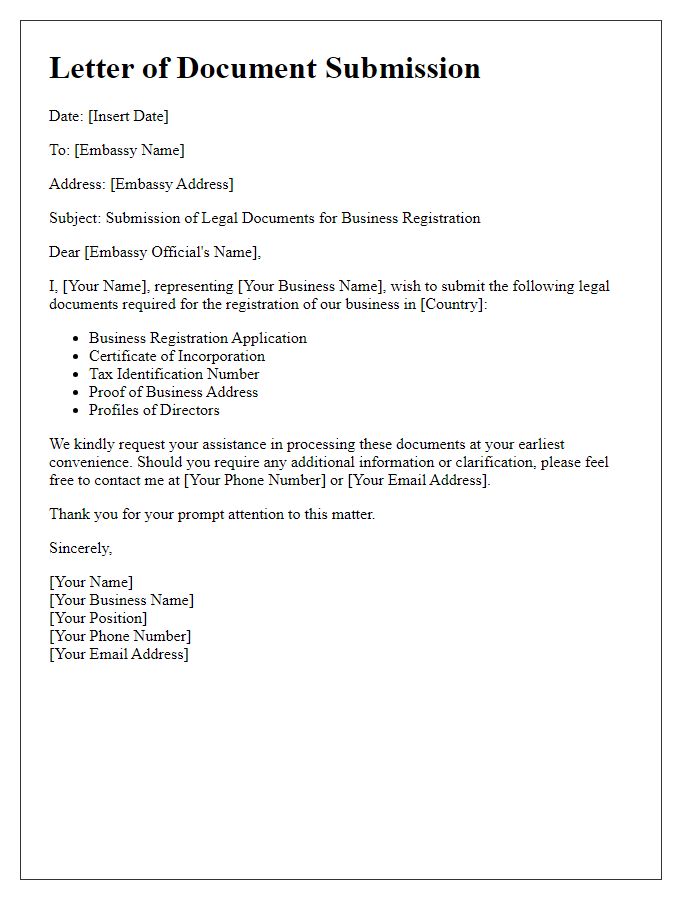 Letter template of embassy legal document submission for business registration.