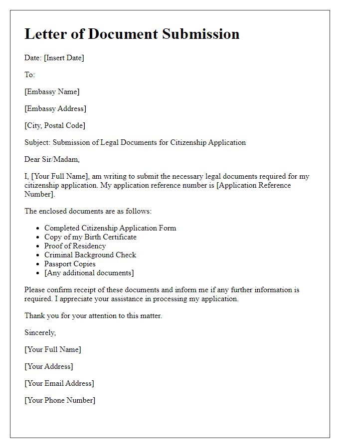 Letter template of embassy legal document submission for citizenship application.