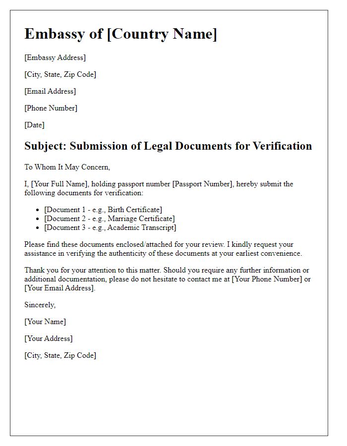 Letter template of embassy legal document submission for document verification.