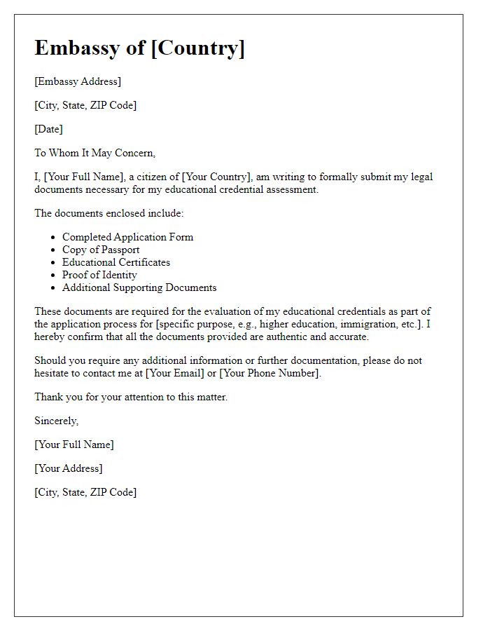 Letter template of embassy legal document submission for educational credential assessment.