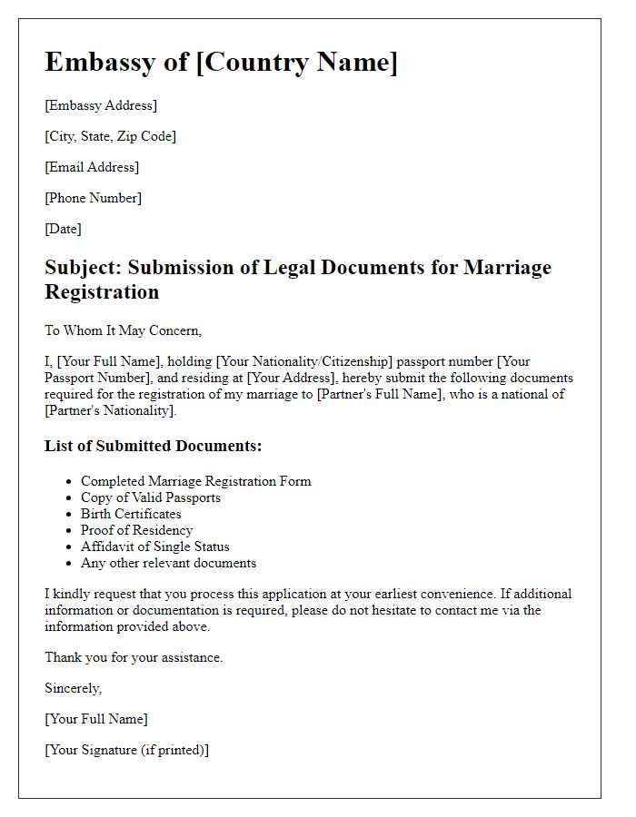 Letter template of embassy legal document submission for marriage registration.