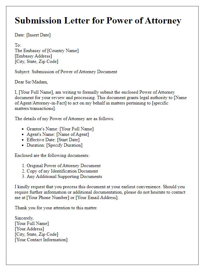 Letter template of embassy legal document submission for power of attorney.