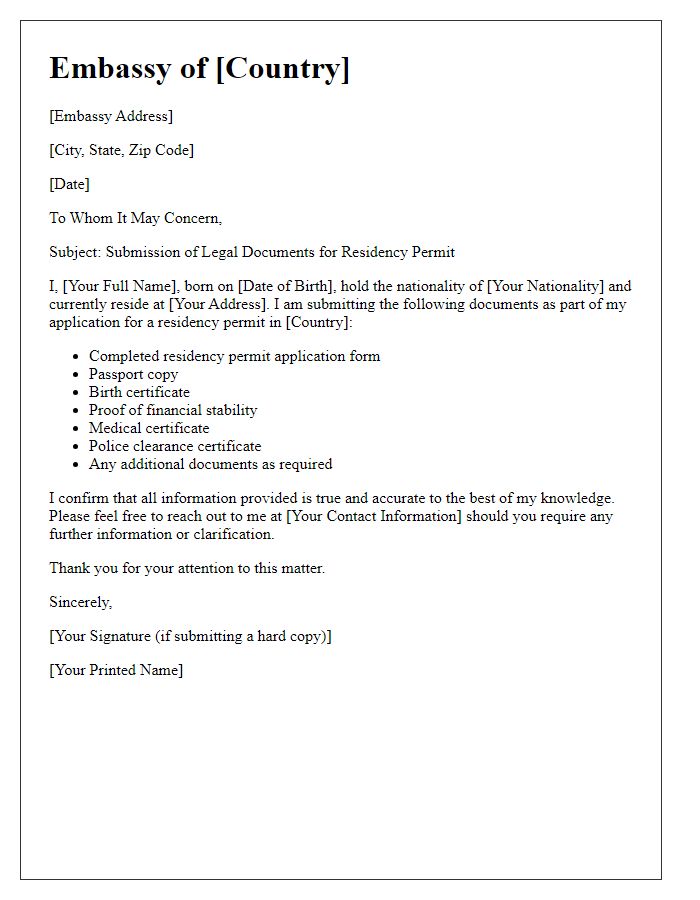 Letter template of embassy legal document submission for residency permit.