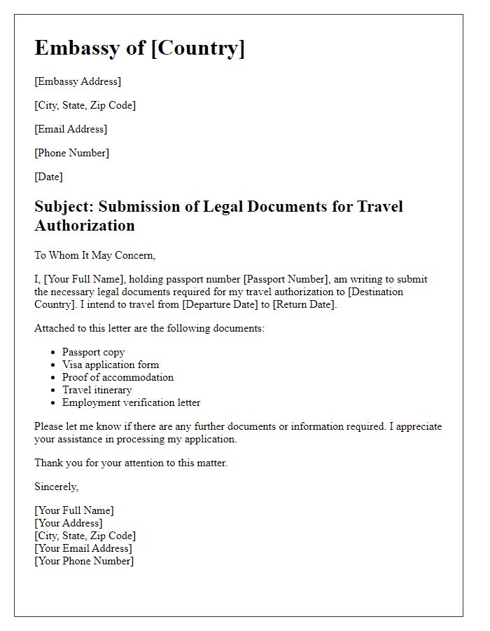 Letter template of embassy legal document submission for travel authorization.