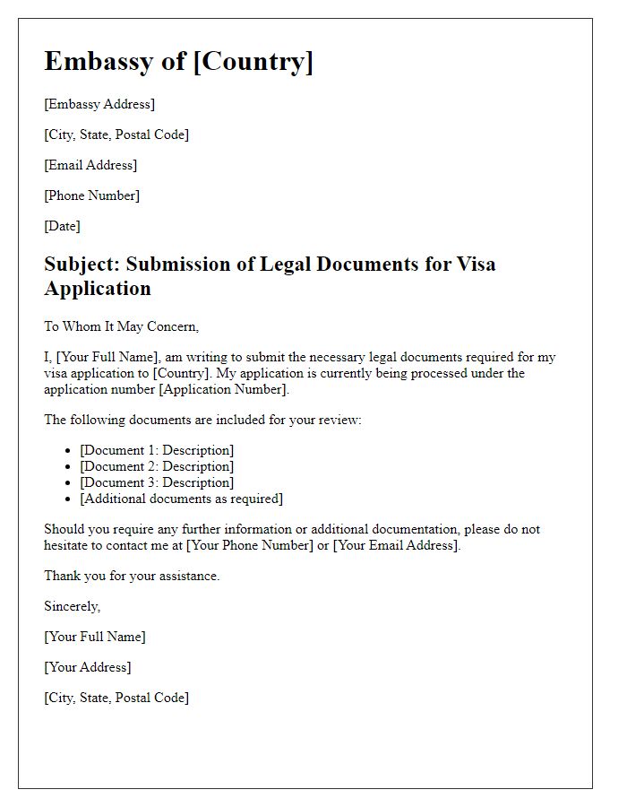 Letter template of embassy legal document submission for visa application.