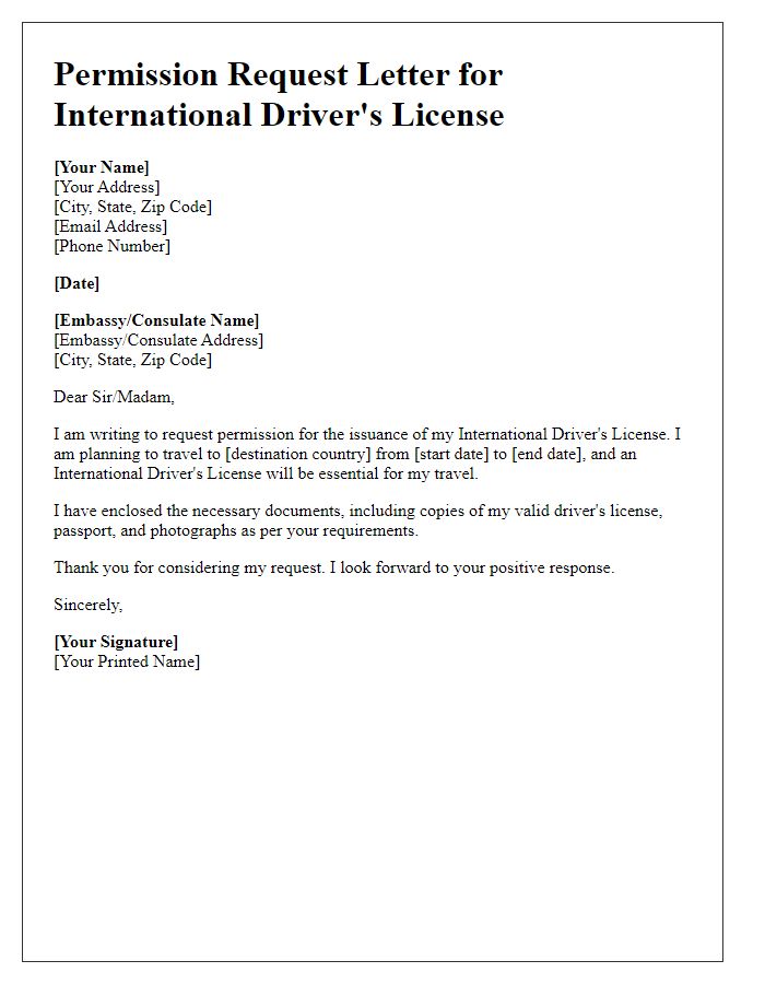 Letter template of permission request for embassy international drivers license issuance.