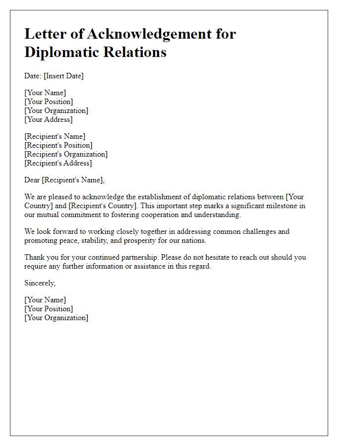 Letter template of acknowledgement for diplomatic relations.