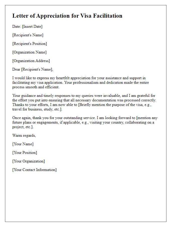 Letter template of appreciation for visa facilitation.