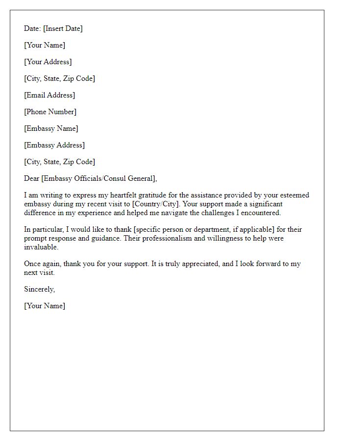 Letter template of thanks to the embassy for assistance.