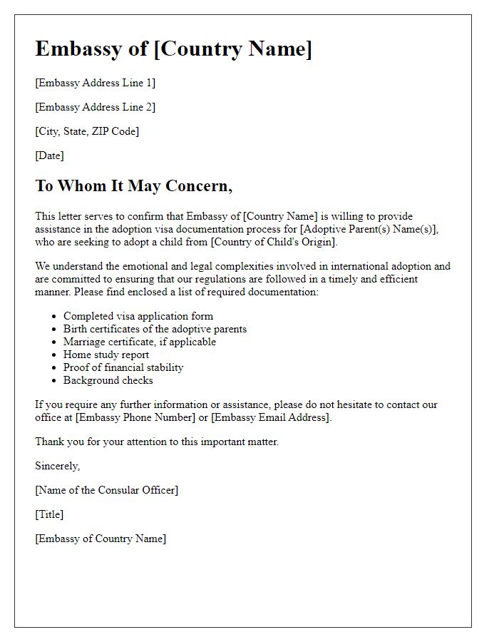 Letter template of embassy assistance for adoption visa documentation.