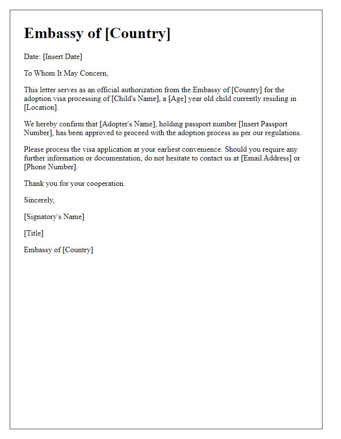 Letter template of embassy authorization for adoption visa processing.