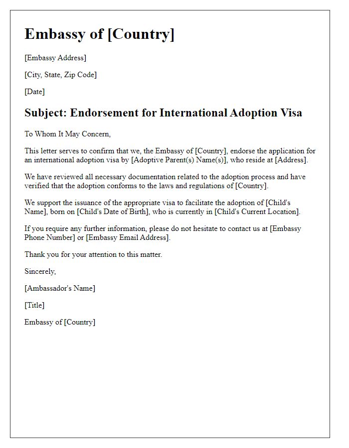 Letter template of embassy endorsement for international adoption visa.