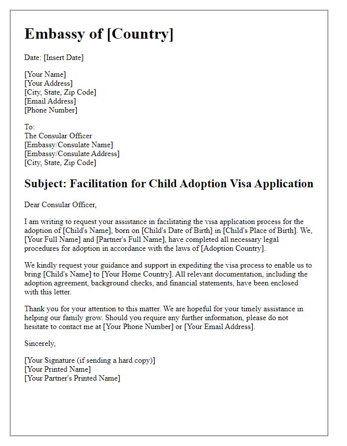 Letter template of embassy facilitation for child adoption visa.