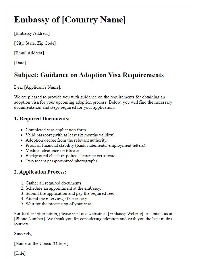 Letter template of embassy guidance for adoption visa requirements.