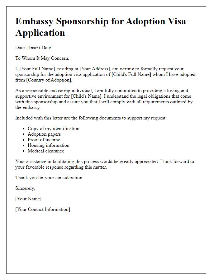 Letter template of embassy sponsorship for adoption visa application.