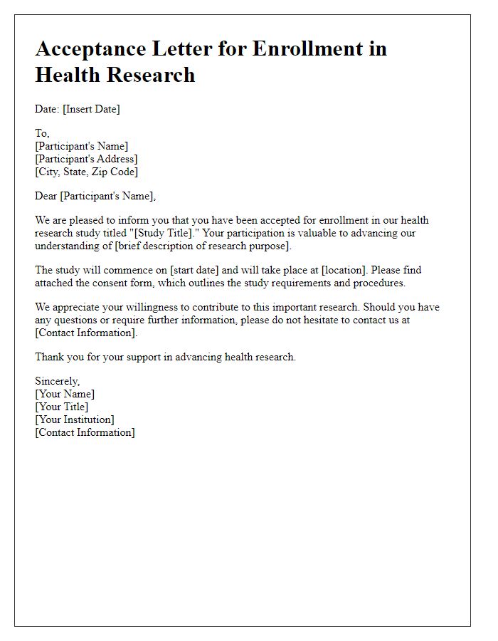 Letter template of acceptance for enrollment in health research.