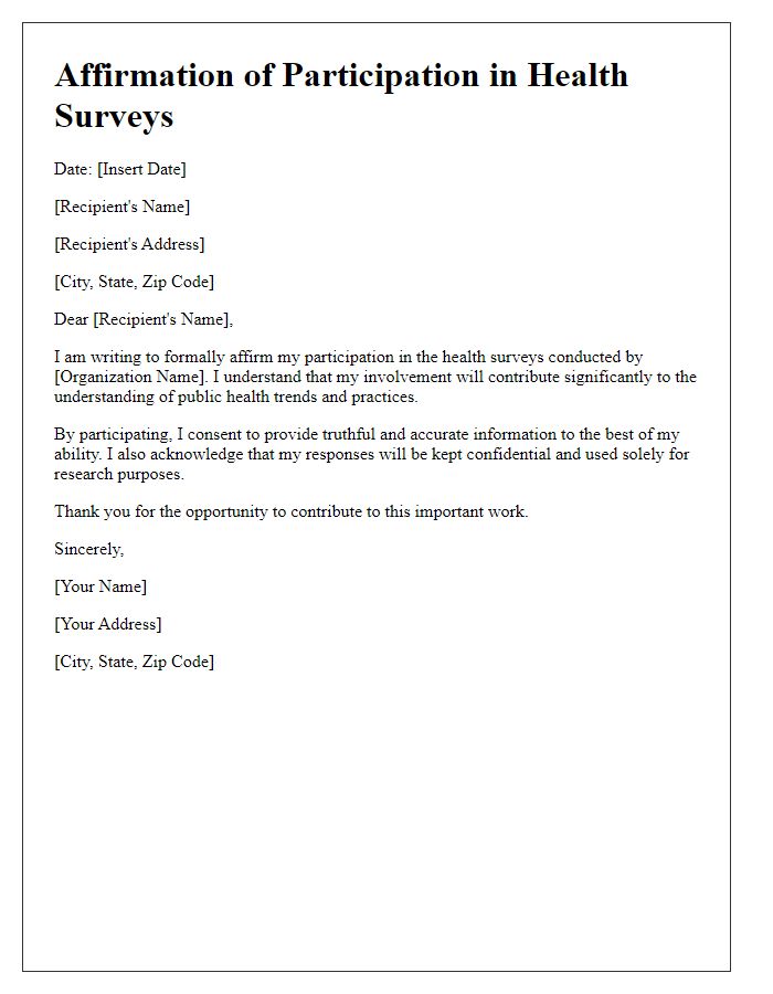 Letter template of affirmation for taking part in health surveys.