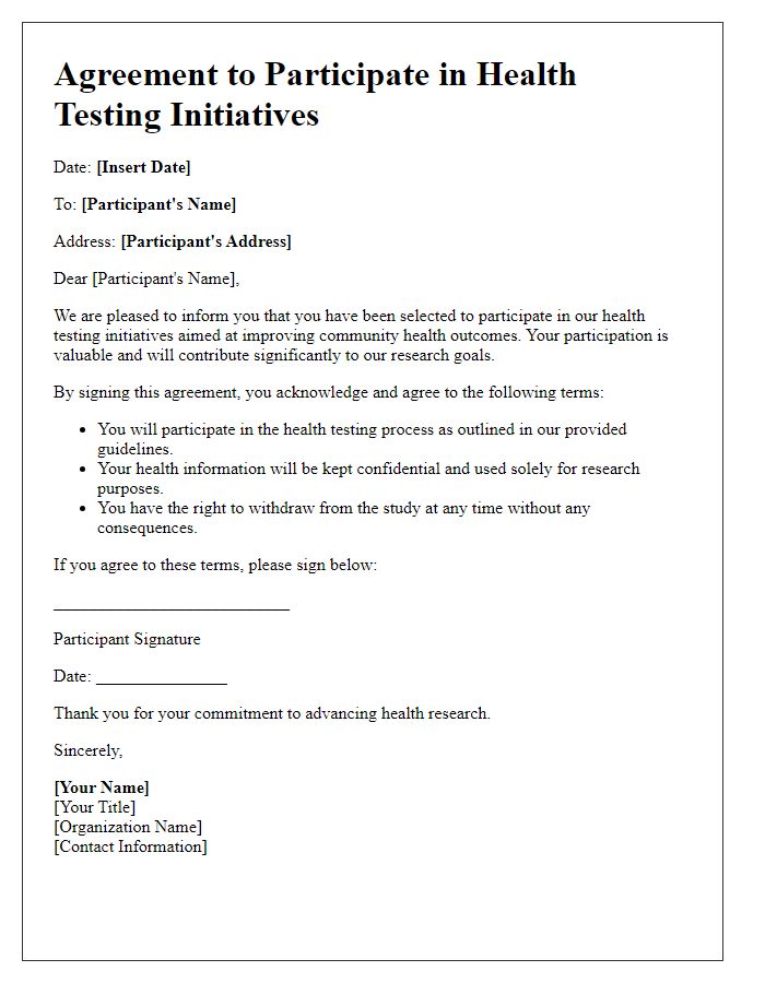 Letter template of agreement to participate in health testing initiatives.