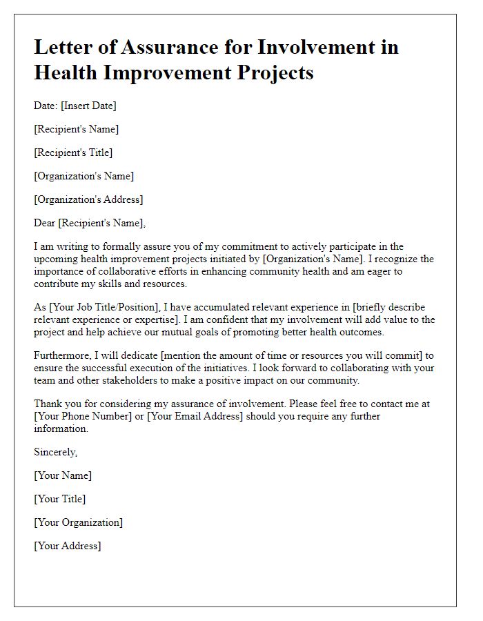 Letter template of assurance for involvement in health improvement projects.