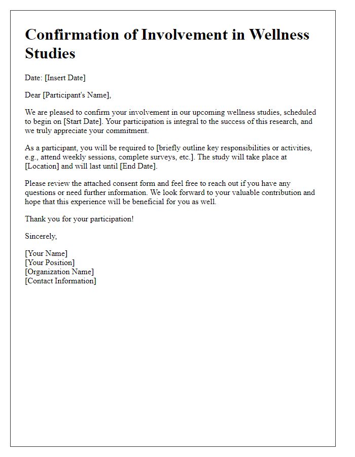 Letter template of confirmation for involvement in wellness studies.