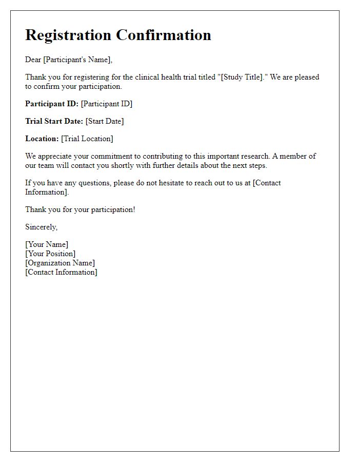 Letter template of registration confirmation for clinical health trials.