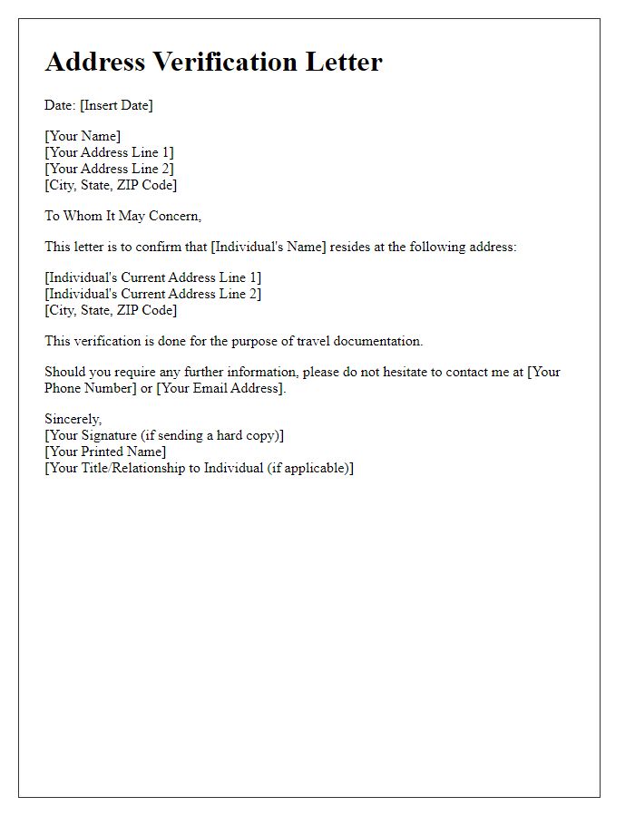 Letter template of address verification for travel documentation.