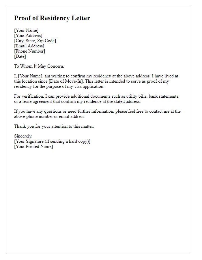 Letter template of proof of residency for visa application.