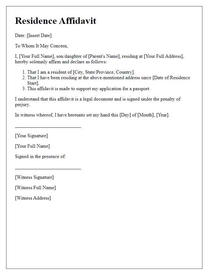 Letter template of residence affidavit for passport application.