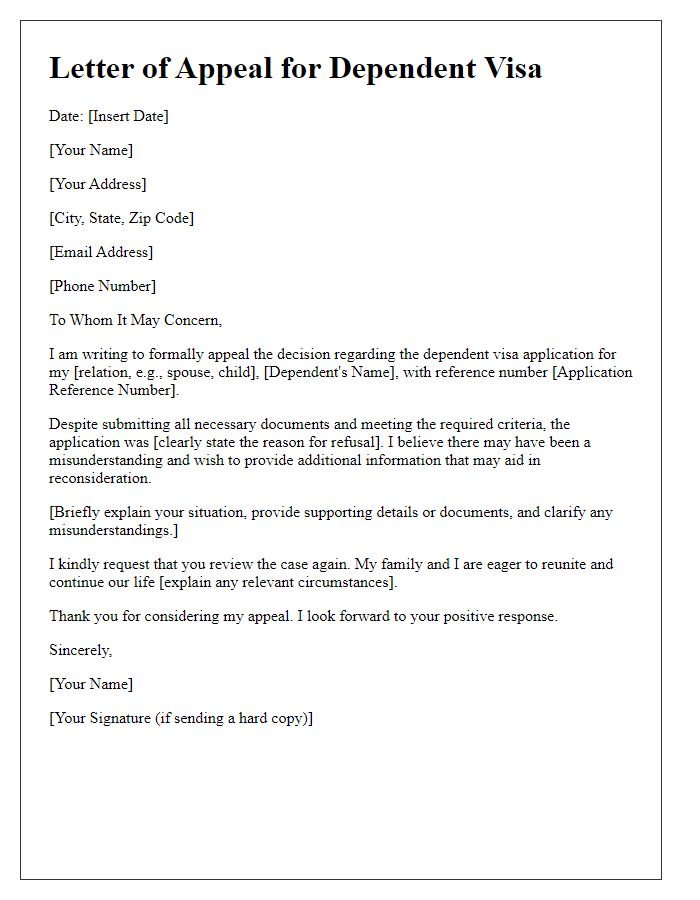 Letter template of embassy dependent visa appeal.