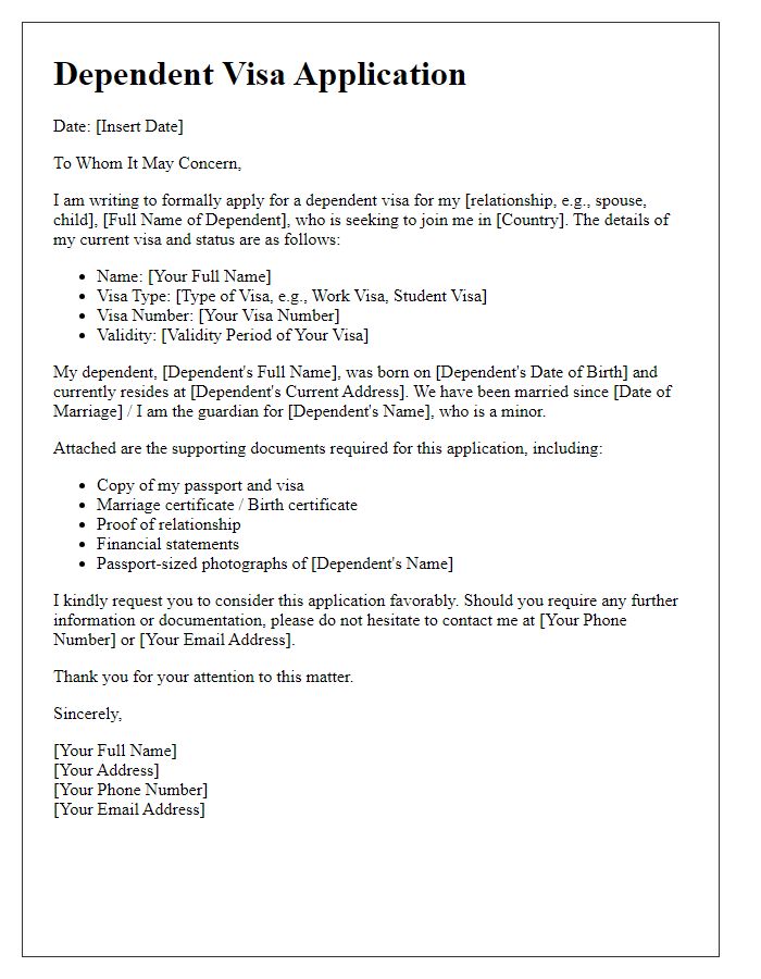 Letter template of embassy dependent visa application.