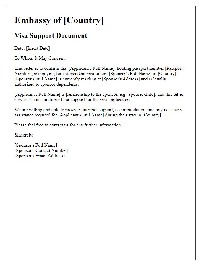 Letter template of embassy dependent visa support document.