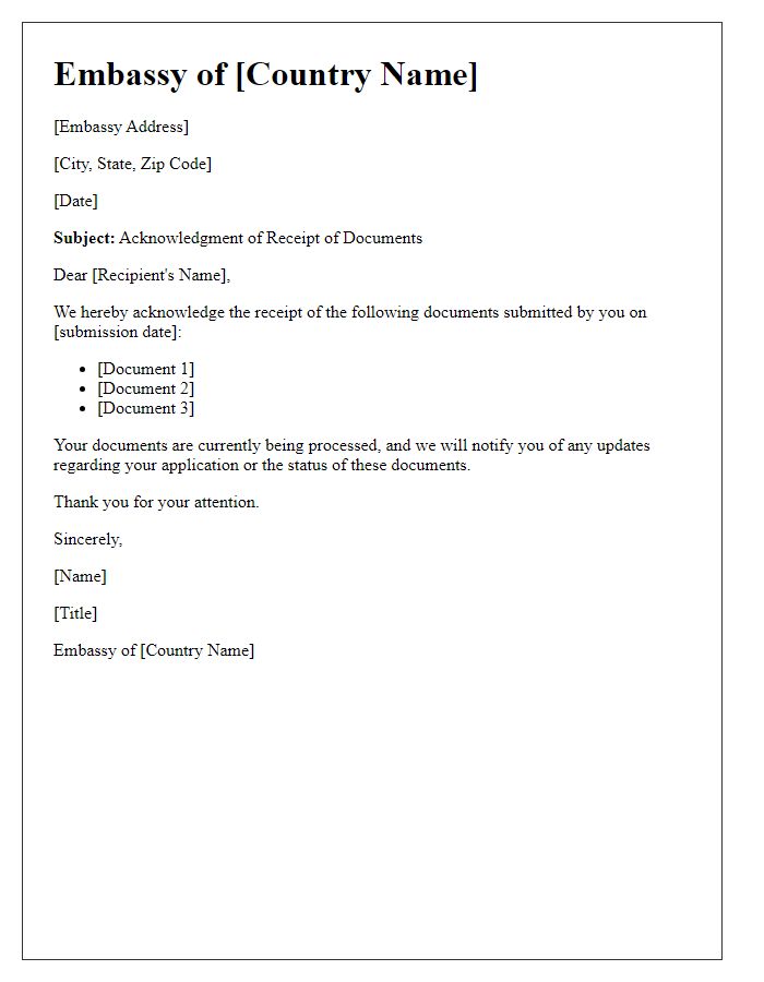 Letter template of embassy acknowledgment of document receipt