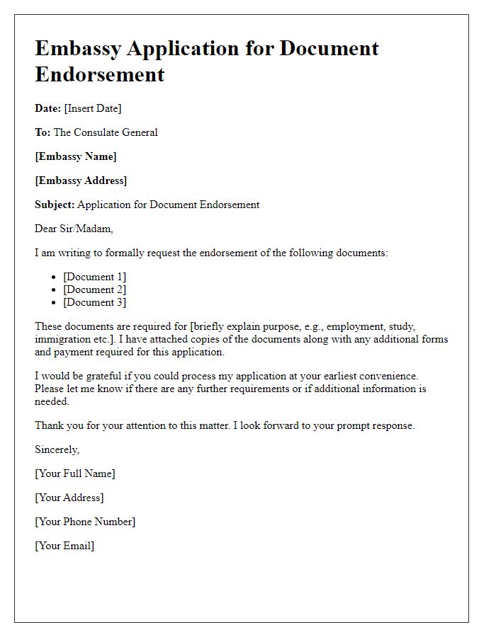 Letter template of embassy application for document endorsement