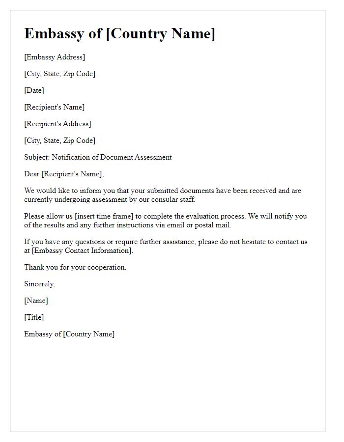 Letter template of embassy notification regarding document assessment