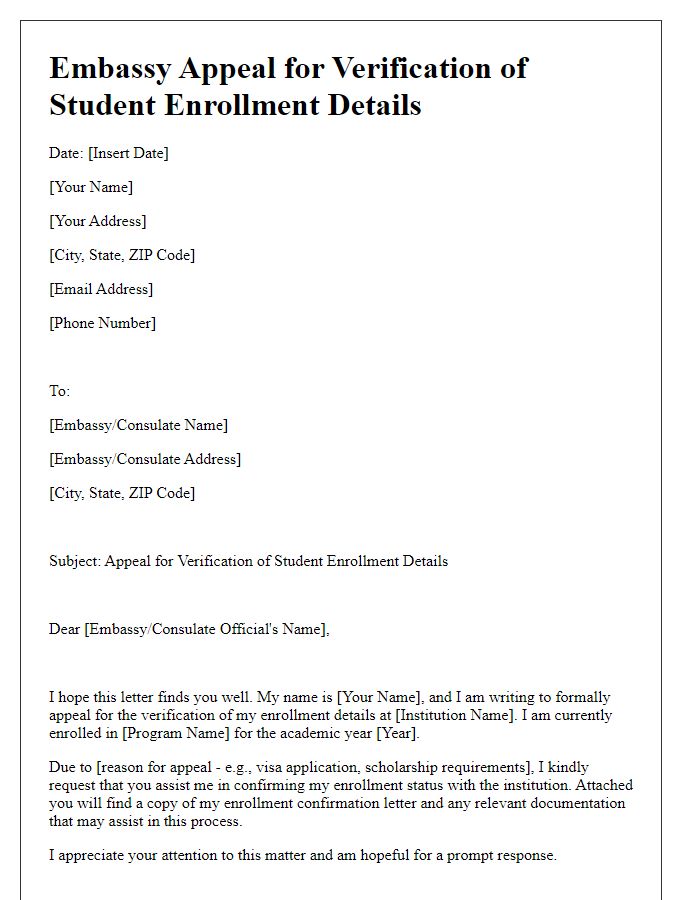 Letter template of embassy appeal for verification of student enrollment details