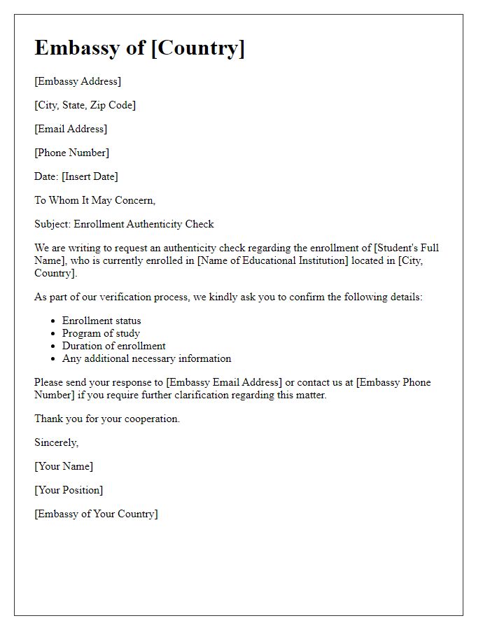 Letter template of embassy communication for enrollment authenticity check