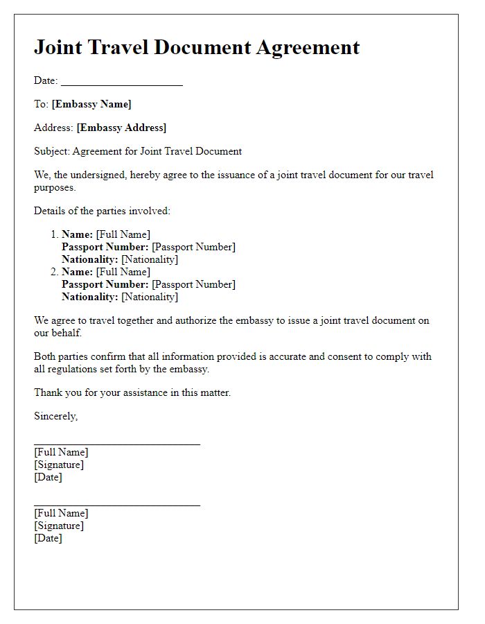 Letter template of agreement for joint travel document required by embassy.