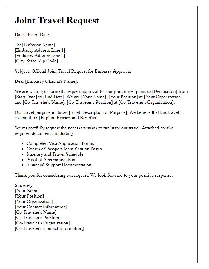 Letter template of official joint travel request for embassy approval.