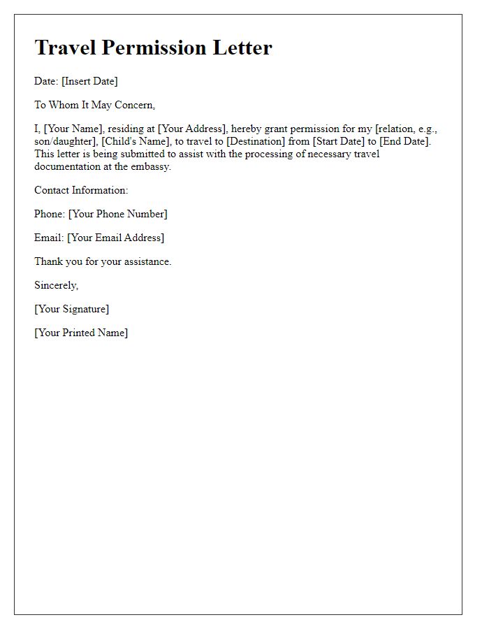 Letter template of travel permission letter for embassy processing.