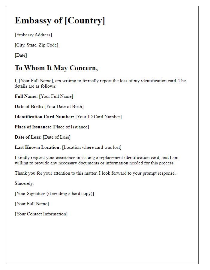 Letter template of embassy for lost identification card report