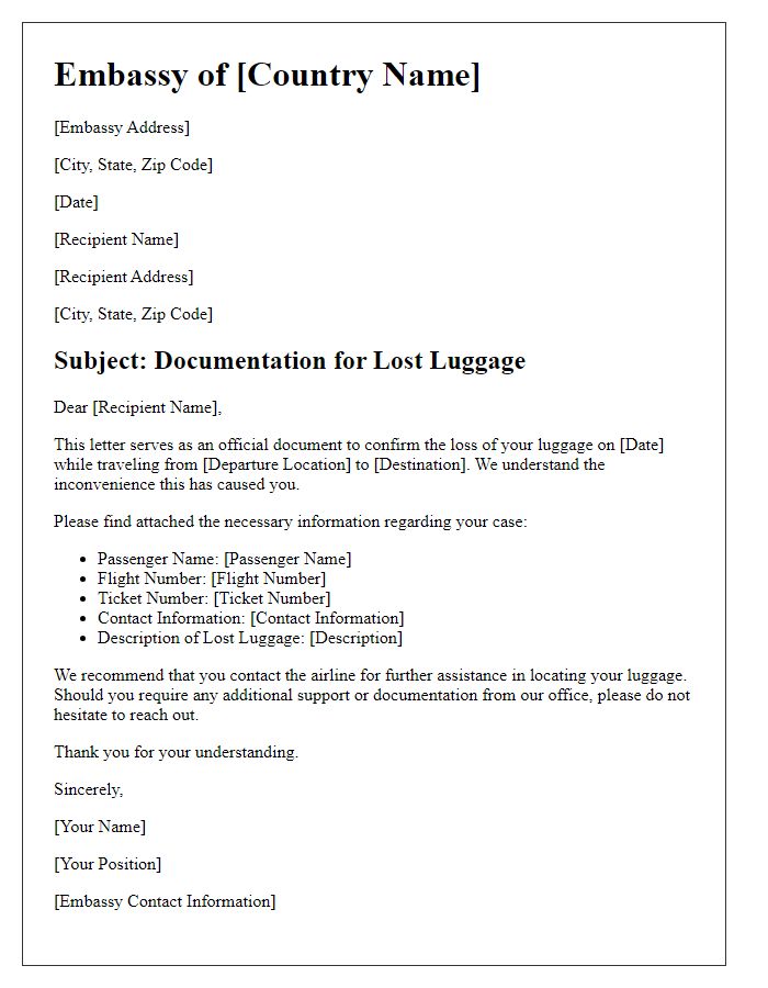 Letter template of embassy for lost luggage documentation