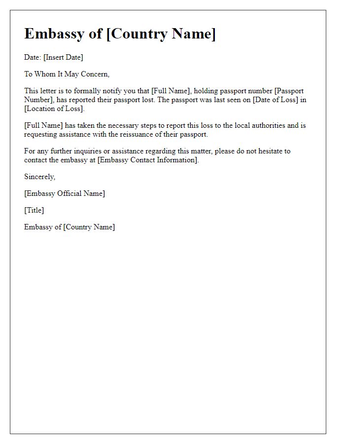 Letter template of embassy for lost passport notification