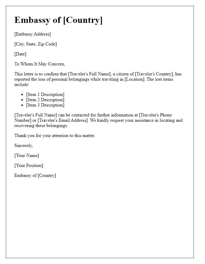 Letter template of embassy for lost travelers belongings