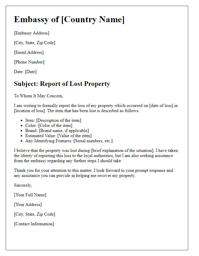 Letter template of embassy for reporting lost property - general inquiry