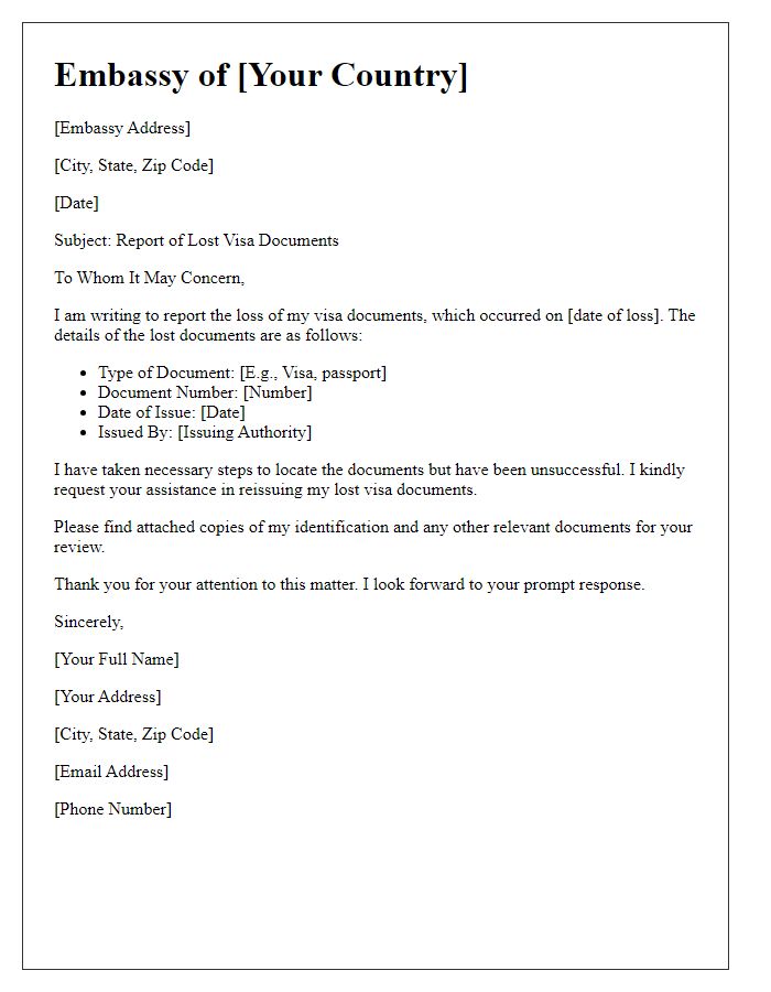 Letter template of embassy for reporting lost visa documents