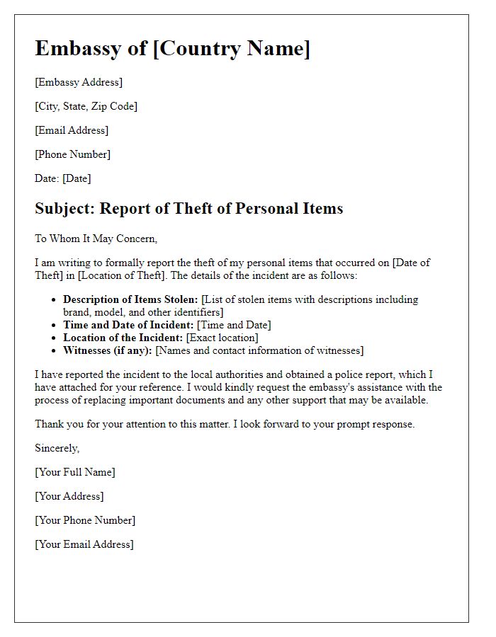 Letter template of embassy for reporting theft of personal items